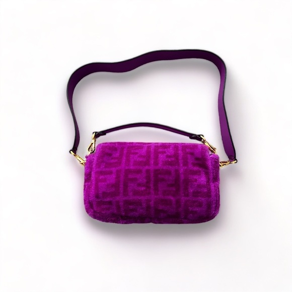 FENDI pink shearling zucca two straps baguette - Picture 2 of 6